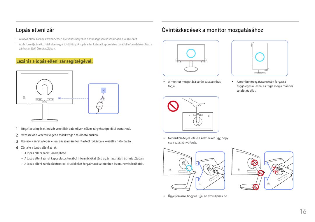Samsung LC27FG70FQUXEN, LC24FG70FQUXEN manual Lopás elleni zár, Óvintézkedések a monitor mozgatásához 