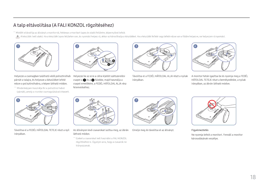 Samsung LC27FG70FQUXEN manual Talp eltávolítása a Fali Konzol rögzítéséhez, Irányában Látható módon, Figyelmeztetés 