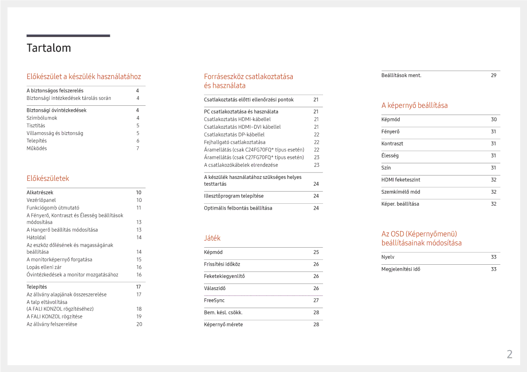 Samsung LC27FG70FQUXEN, LC24FG70FQUXEN manual Tartalom 
