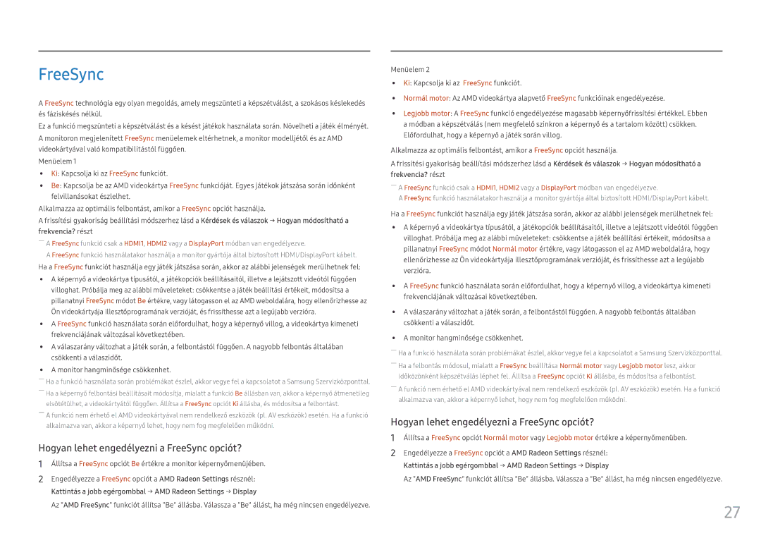 Samsung LC24FG70FQUXEN, LC27FG70FQUXEN manual Hogyan lehet engedélyezni a FreeSync opciót? 