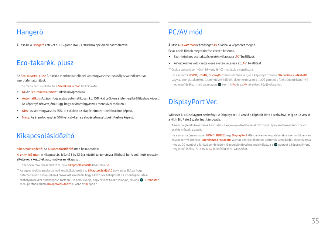 Samsung LC24FG70FQUXEN, LC27FG70FQUXEN manual Hangerő, Eco-takarék. plusz, Kikapcsolásidőzítő, PC/AV mód, DisplayPort Ver 
