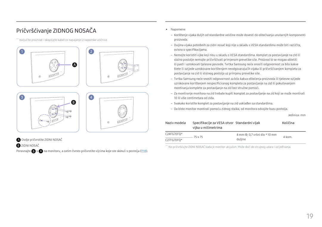 Samsung LC24FG70FQUXEN manual Pričvršćivanje Zidnog Nosača, Naziv modela, Standardni vijak Količina Vijka u milimetrima 