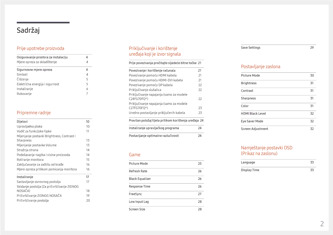 Samsung LC27FG70FQUXEN, LC24FG70FQUXEN manual Sadržaj 