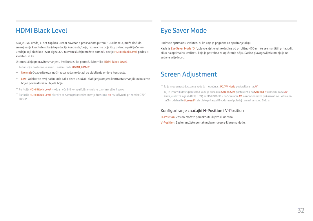 Samsung LC27FG70FQUXEN, LC24FG70FQUXEN manual Hdmi Black Level, Eye Saver Mode, Screen Adjustment 