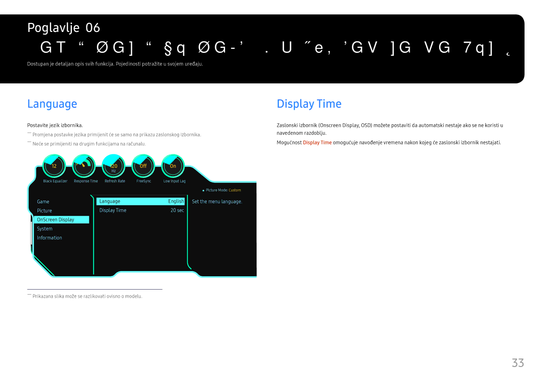 Samsung LC24FG70FQUXEN manual Namještanje postavki OSD Prikaz na zaslonu, Language, Display Time, Postavite jezik izbornika 