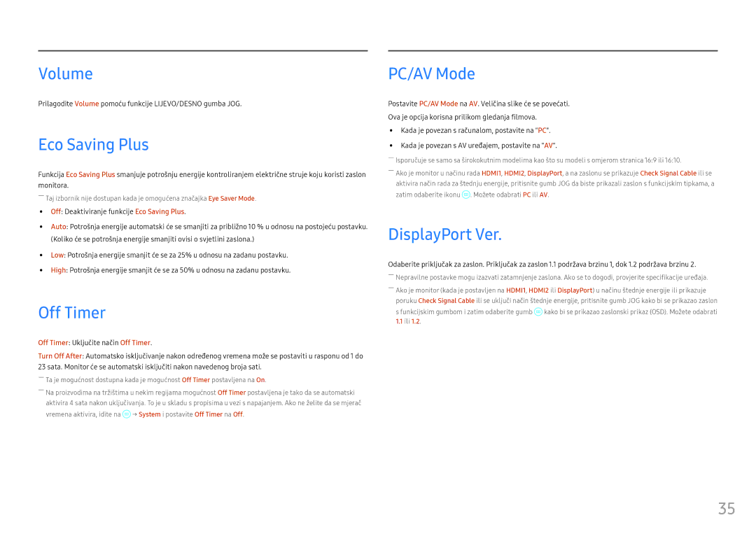 Samsung LC24FG70FQUXEN, LC27FG70FQUXEN manual Volume, Eco Saving Plus, Off Timer, PC/AV Mode, DisplayPort Ver 