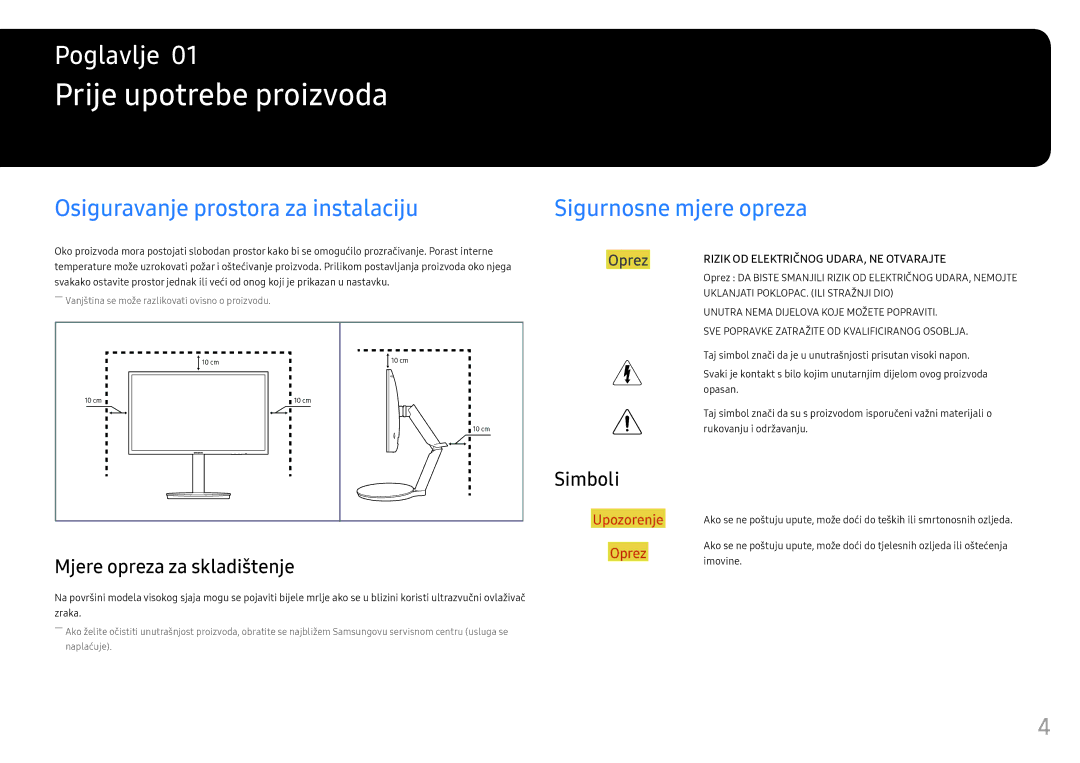 Samsung LC27FG70FQUXEN Prije upotrebe proizvoda, Osiguravanje prostora za instalaciju, Sigurnosne mjere opreza, Simboli 