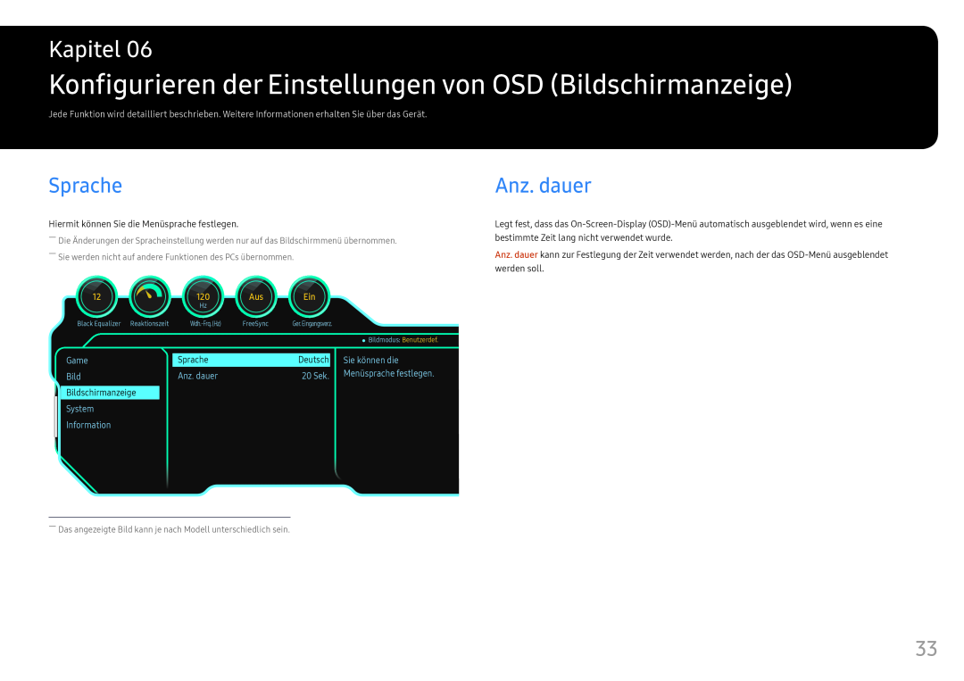 Samsung LC24FG70FQUXEN manual Konfigurieren der Einstellungen von OSD Bildschirmanzeige, Sprache, Anz. dauer, Kapitel 
