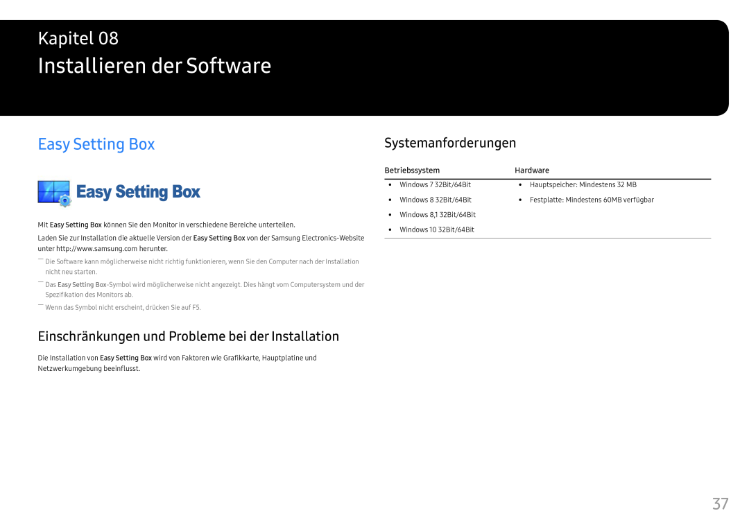 Samsung LC24FG70FQUXEN Installieren der Software, Easy Setting Box, Einschränkungen und Probleme bei der Installation 