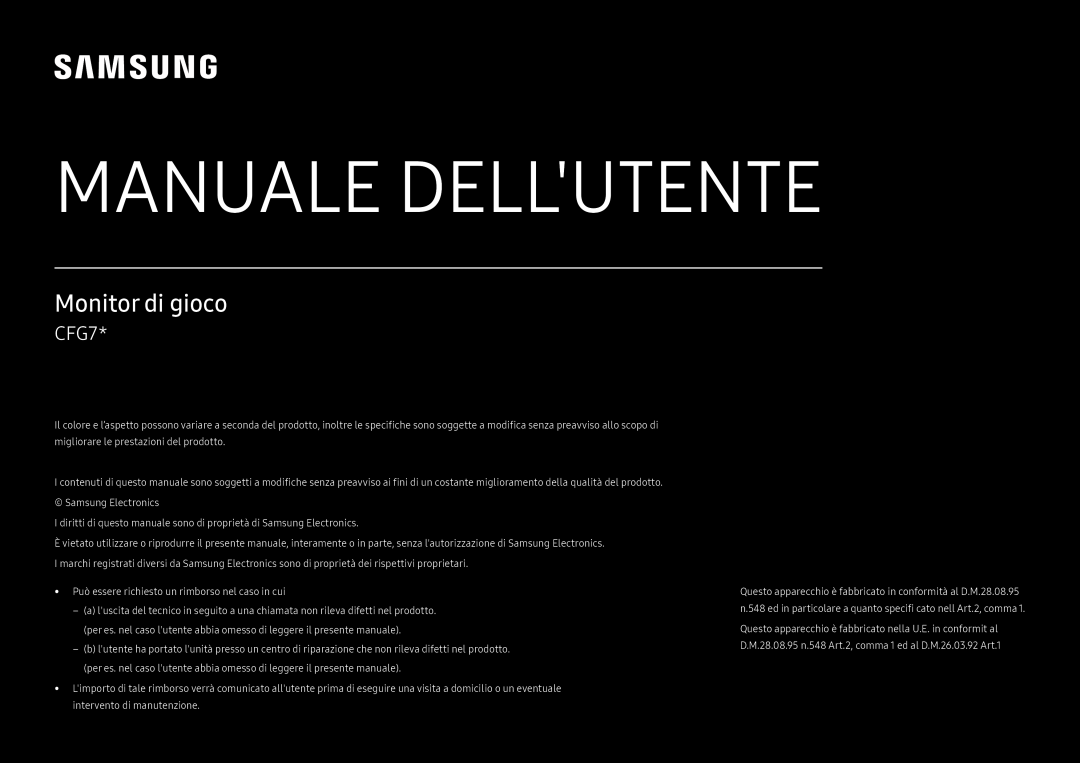 Samsung LC24FG70FQUXEN manual I diritti di questo manuale sono di proprietà di Samsung Electronics, Manuale Dellutente 