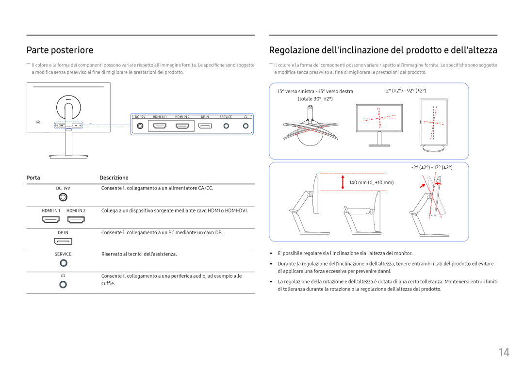 Samsung LC27FG70FQUXEN manual Parte posteriore, Porta, Regolazione dellinclinazione del prodotto e dellaltezza, Descrizione 