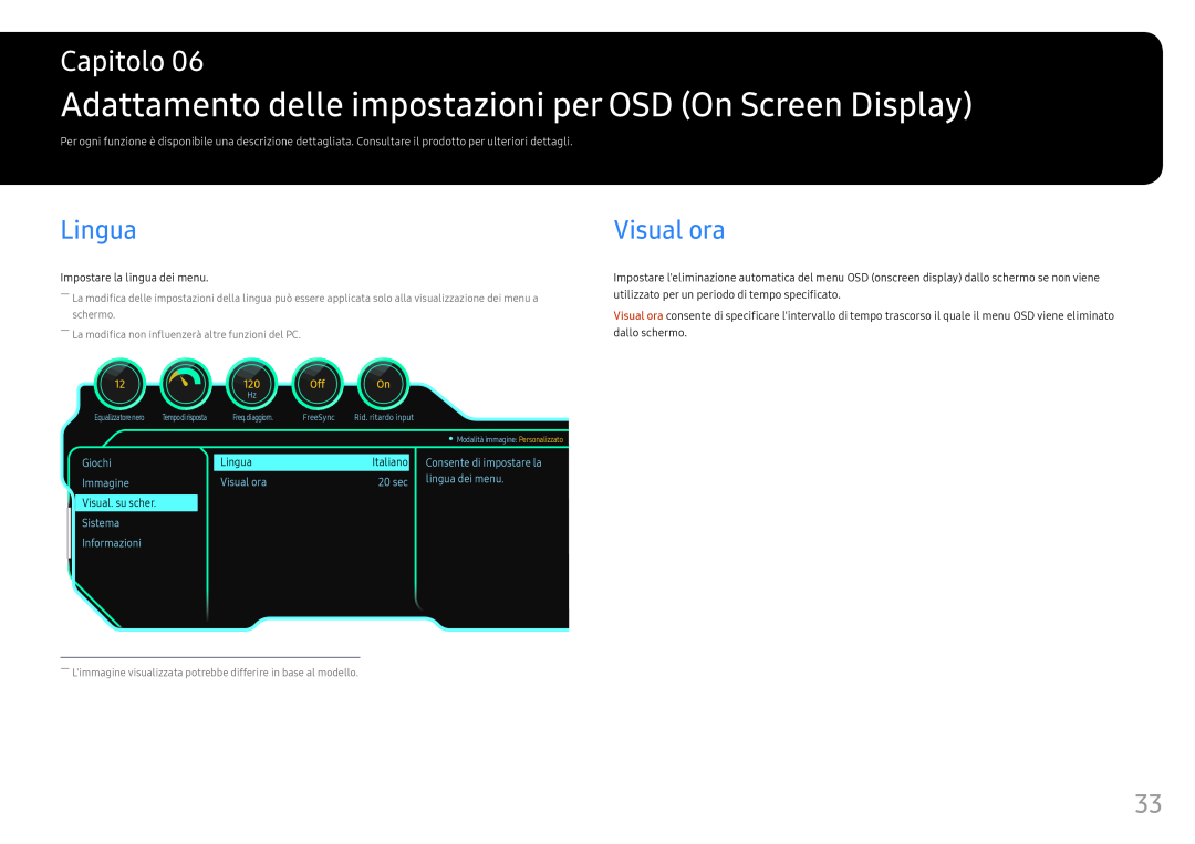 Samsung LC24FG70FQUXEN manual Adattamento delle impostazioni per OSD On Screen Display, Lingua, Visual ora, Capitolo 