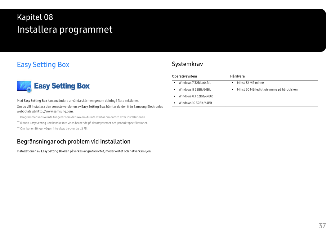 Samsung LC24FG70FQUXEN Installera programmet, Easy Setting Box, Begränsningar och problem vid installation, Systemkrav 