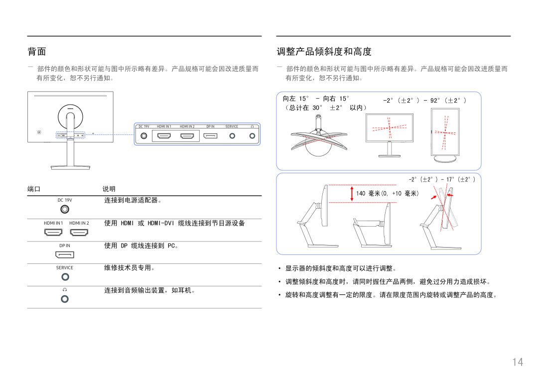 Samsung LC27FG70FQUXEN 调整产品倾斜度和高度, ――部件的颜色和形状可能与图中所示略有差异。产品规格可能会因改进质量而, 有所变化，恕不另行通知。, 向左 15 - 向右, 2±2 - 92±2, Hdmi In 