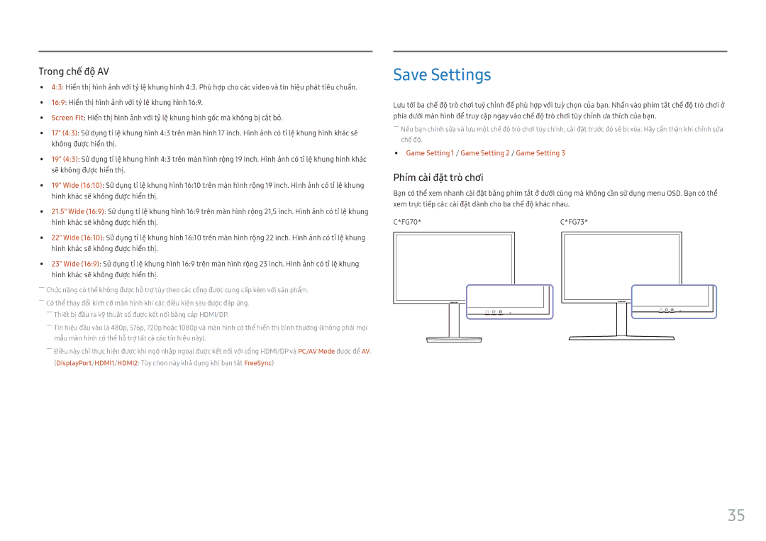 Samsung LC24FG73FQEXXV, LC27FG73FQEXXV manual Save Settings, Phí́m cài đặt trò chơi 