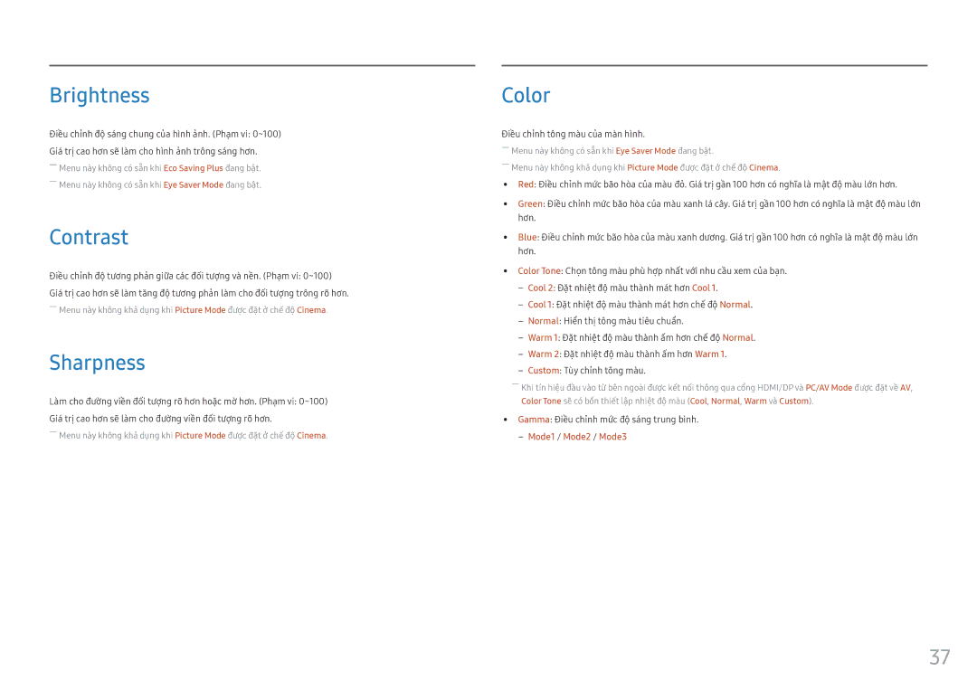 Samsung LC24FG73FQEXXV, LC27FG73FQEXXV manual Brightness, Contrast, Sharpness, Color, Điều chinh tông màu của màn hình 