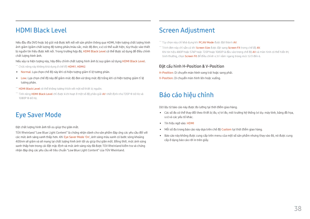 Samsung LC27FG73FQEXXV, LC24FG73FQEXXV manual Hdmi Black Level, Eye Saver Mode, Screen Adjustment, Báo cáo hiệu chỉnh 