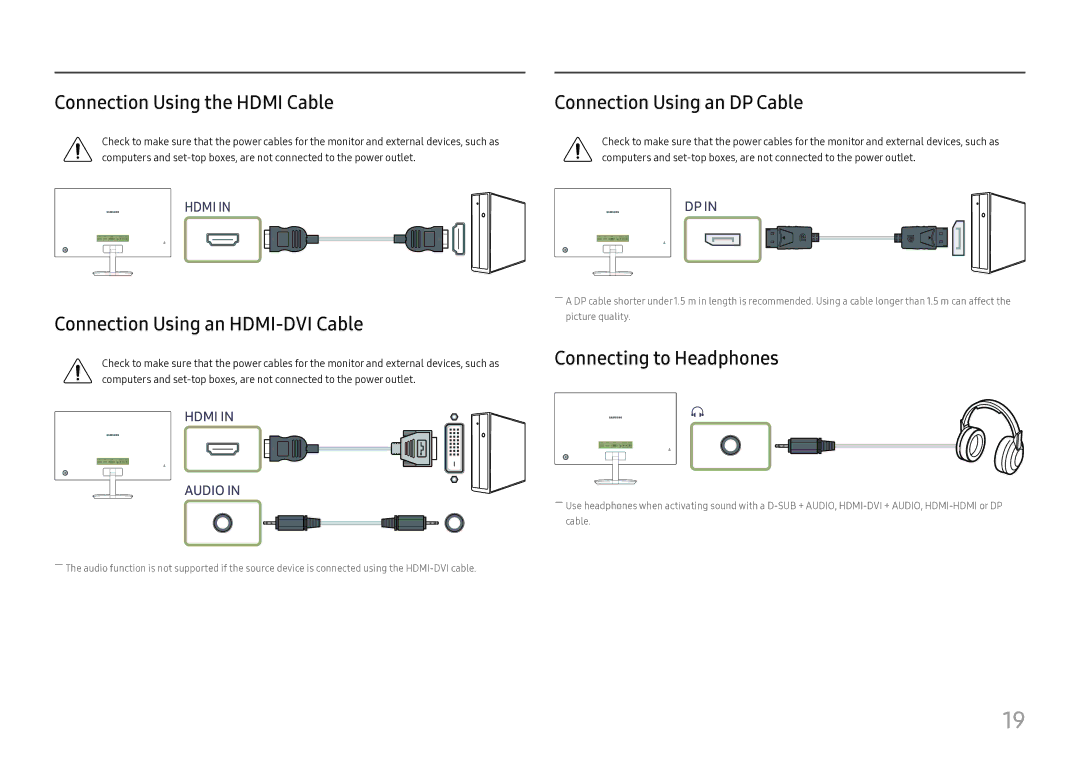 Samsung LC27H580FDMXCH Connection Using the Hdmi Cable, Connection Using an HDMI-DVI Cable, Connection Using an DP Cable 