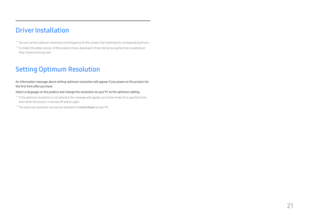 Samsung LC27H580FDEXXV, LC27H580FDUXEN, LC27H580FDIXCI, LC27H580FDMXCH manual Driver Installation, Setting Optimum Resolution 