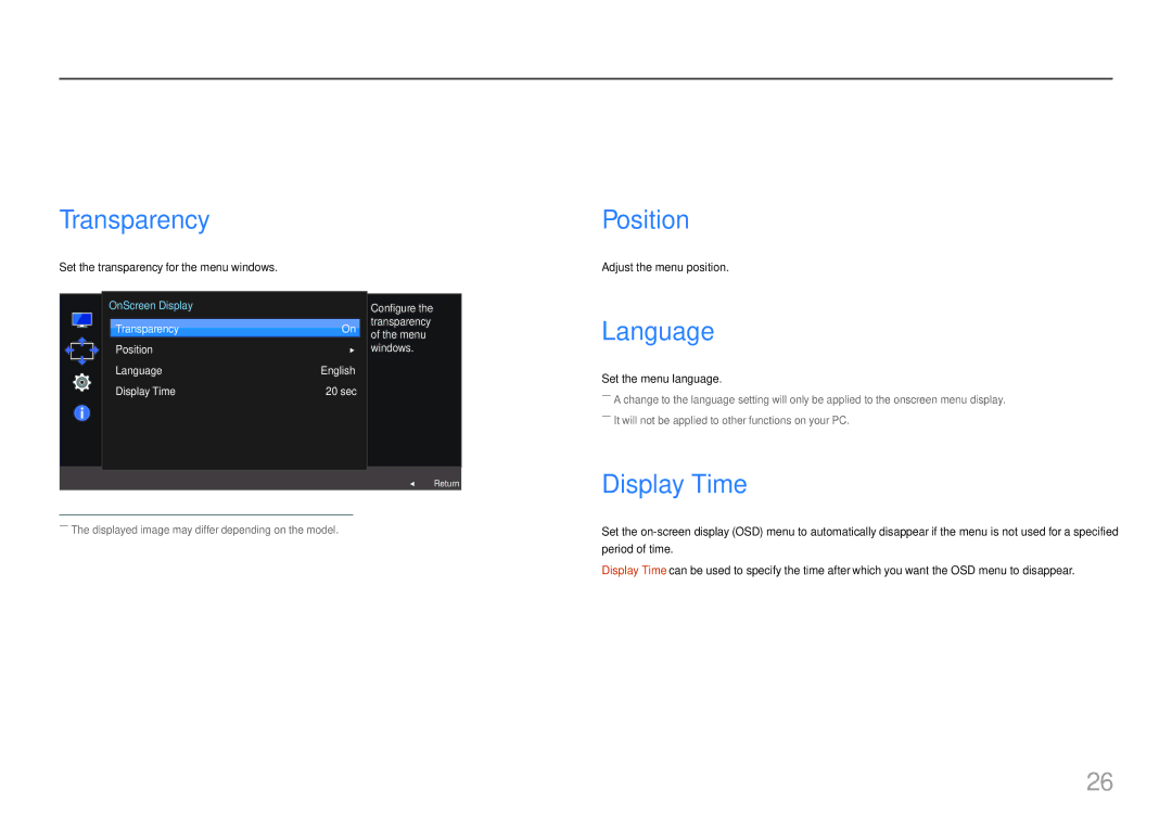 Samsung LC27H580FDIXCI manual Adjusting OSD On Screen Display settings, Transparency, Position, Language, Display Time 