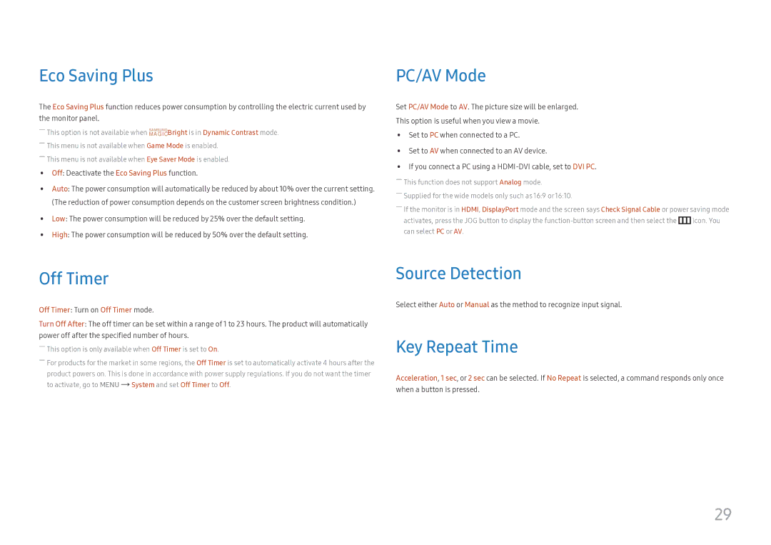 Samsung LC27H580FDEXXV, LC27H580FDUXEN manual Eco Saving Plus, PC/AV Mode, Off Timer, Source Detection, Key Repeat Time 