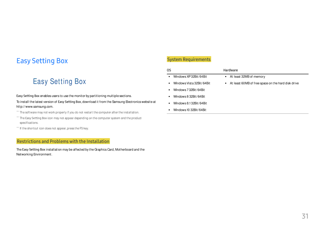 Samsung LC27H580FDMXCH, LC27H580FDUXEN, LC27H580FDEXXV, LC27H580FDIXCI Installing the Software, Easy Setting Box, Hardware 