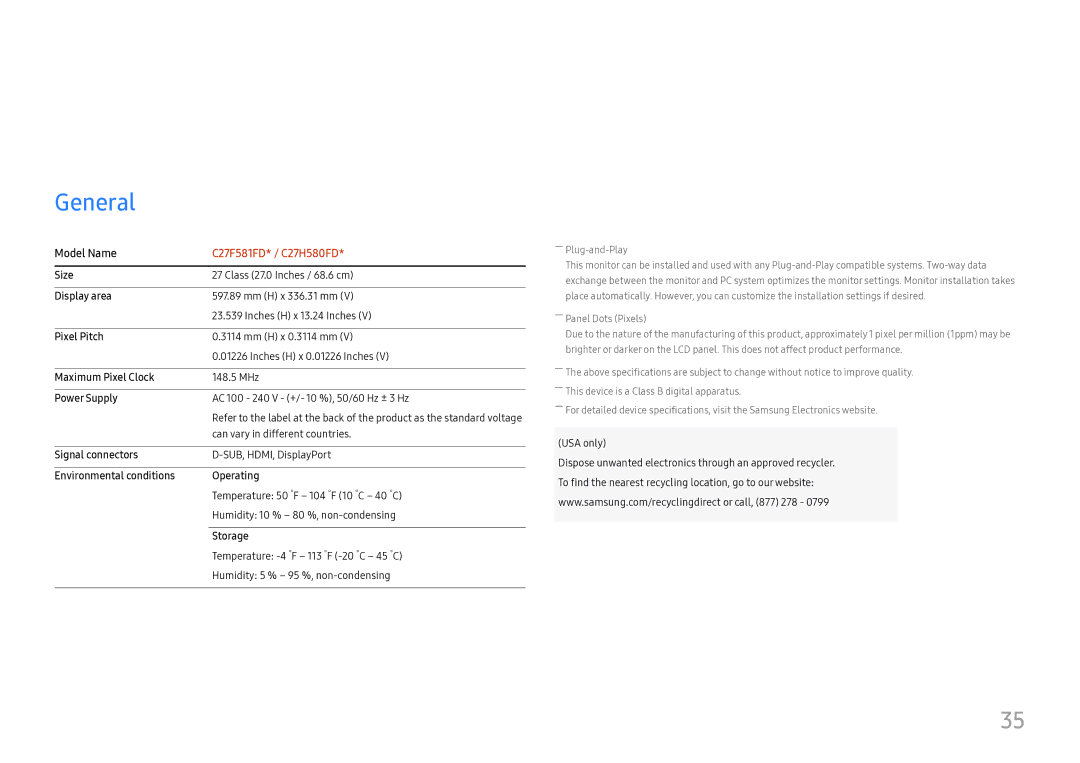 Samsung LC27H580FDMXCH, LC27H580FDUXEN, LC27H580FDEXXV, LC27H580FDIXCI manual Specifications, General, Model Name 