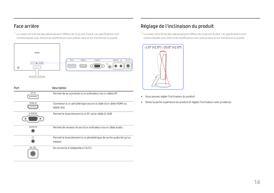 Samsung LC27H580FDUXEN manual Face arrière, Réglage de linclinaison du produit 