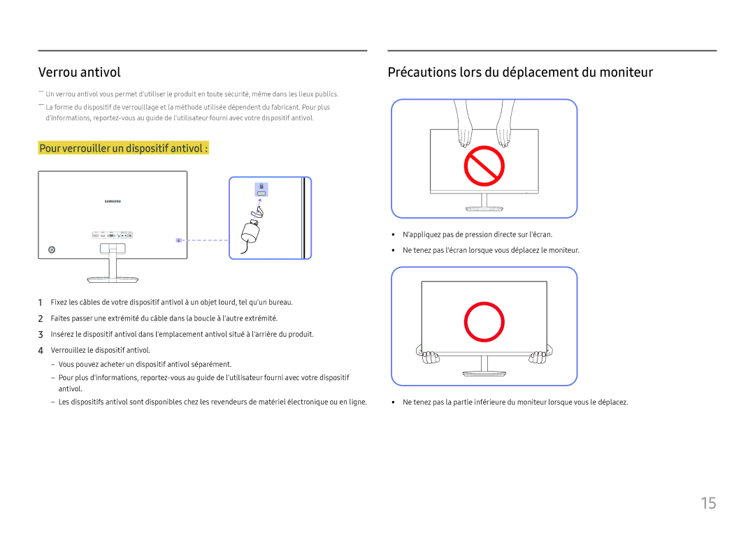 Samsung LC27H580FDUXEN manual Verrou antivol, Précautions lors du déplacement du moniteur 