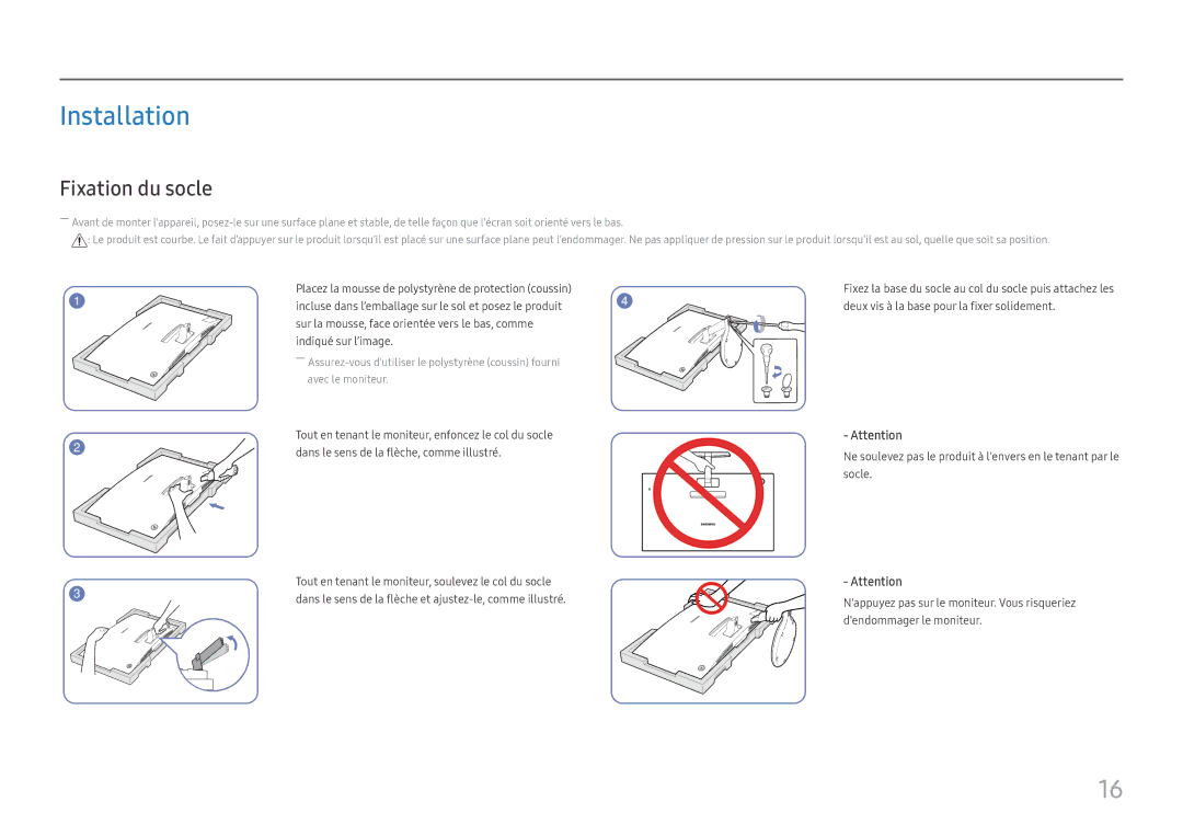 Samsung LC27H580FDUXEN manual Installation, Fixation du socle 