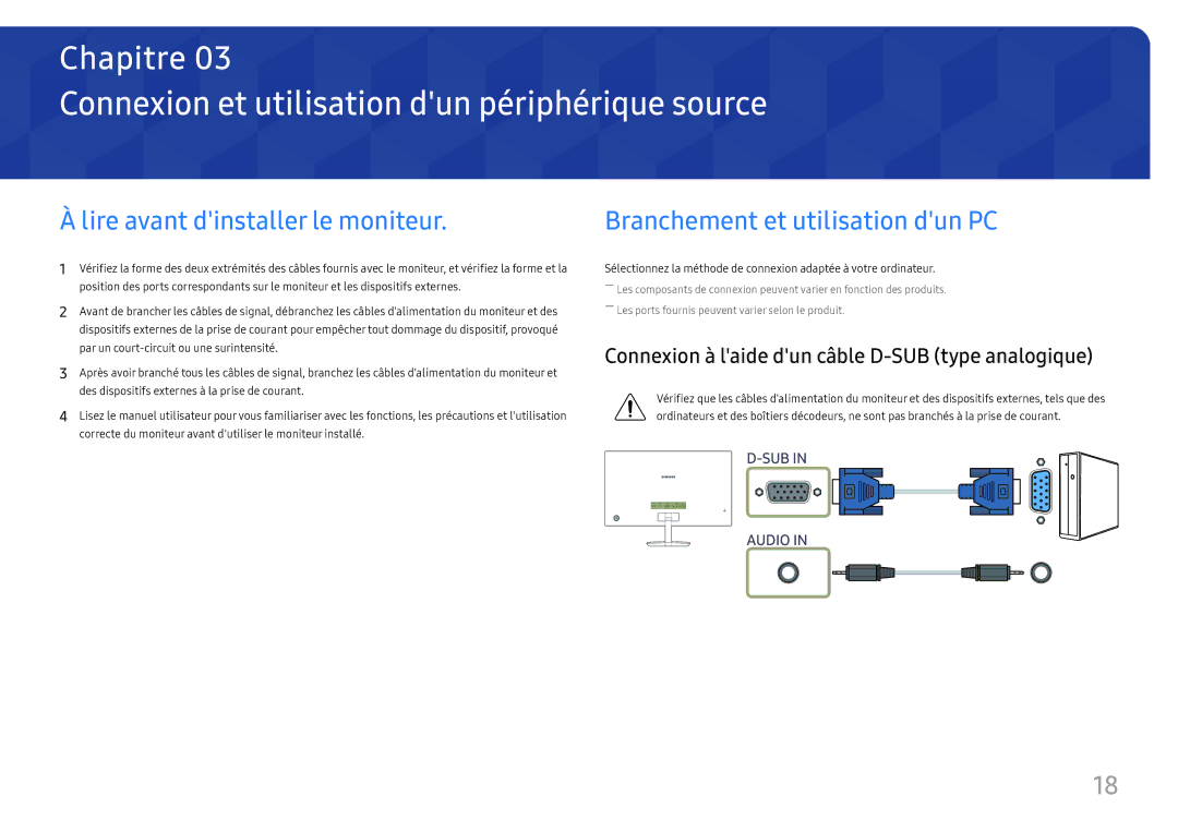 Samsung LC27H580FDUXEN manual Connexion et utilisation dun périphérique source, Lire avant dinstaller le moniteur 