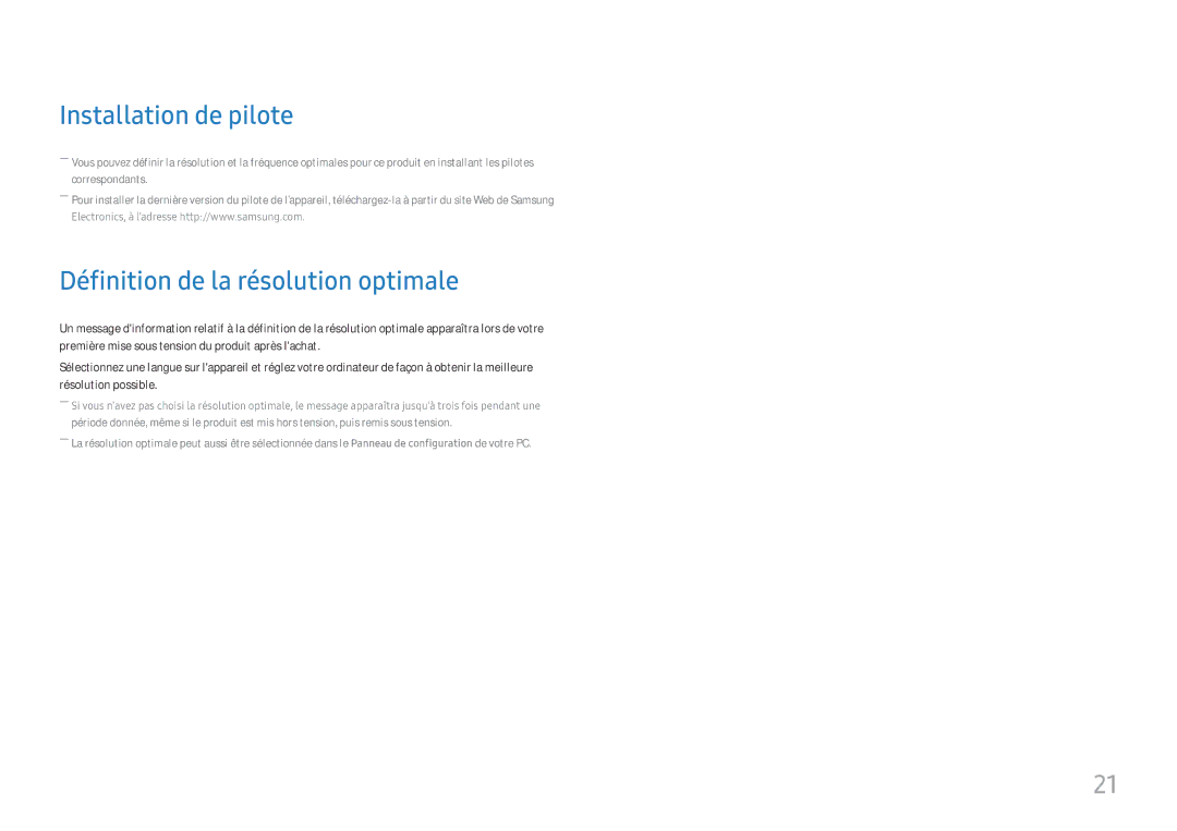 Samsung LC27H580FDUXEN manual Installation de pilote, Définition de la résolution optimale 