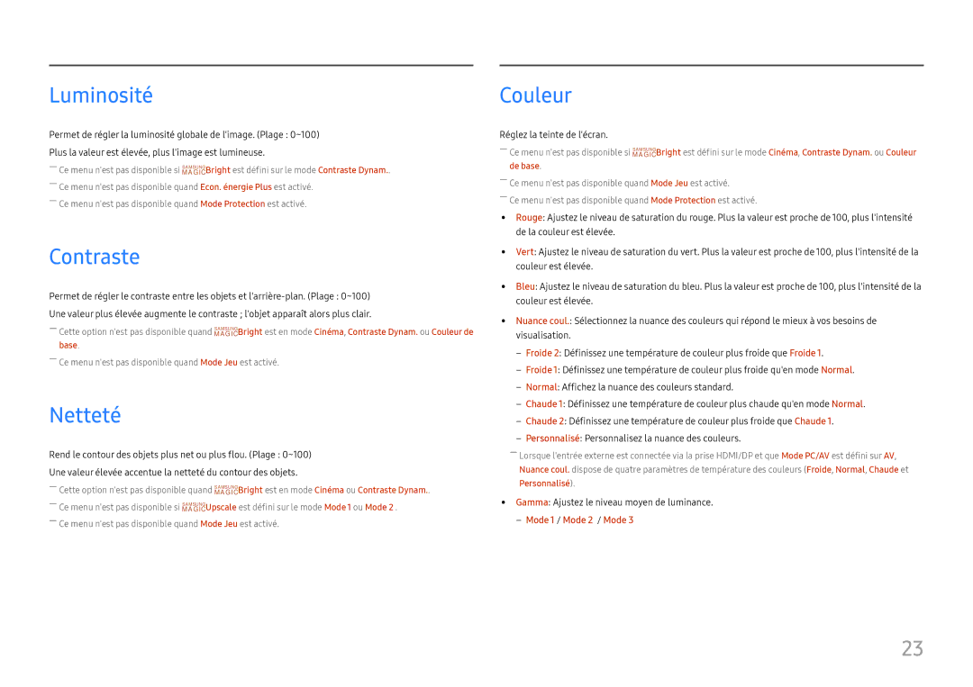 Samsung LC27H580FDUXEN manual Luminosité, Contraste, Netteté, Couleur 