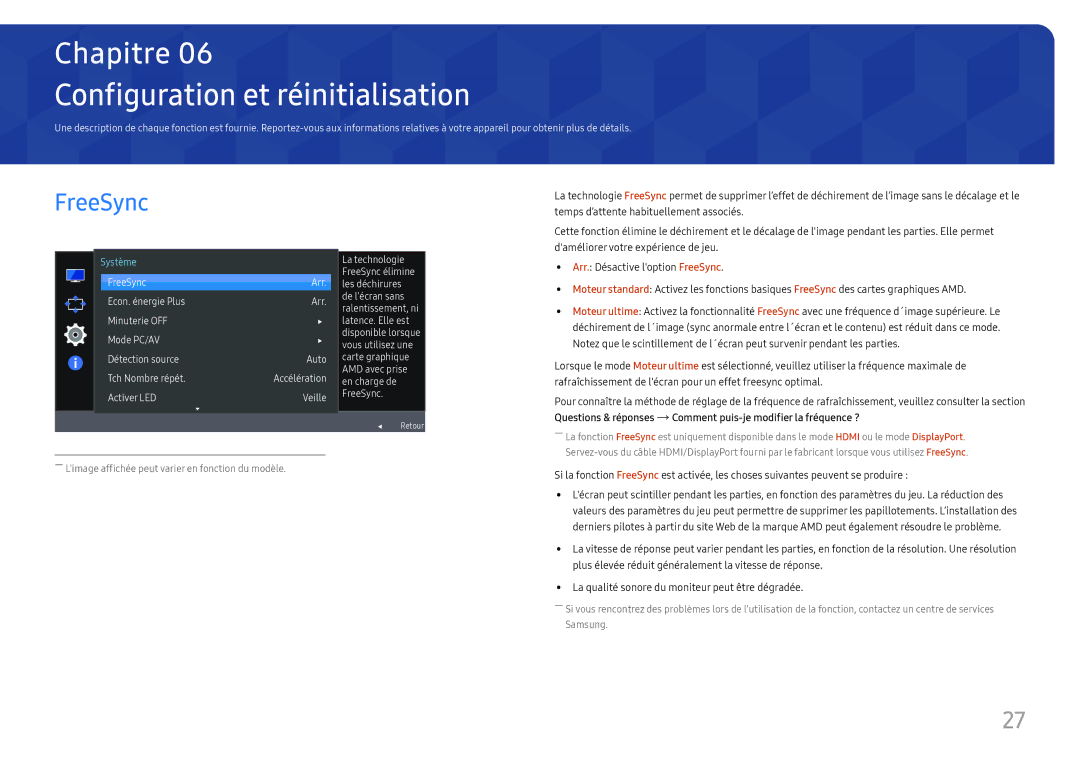 Samsung LC27H580FDUXEN manual Configuration et réinitialisation, FreeSync 