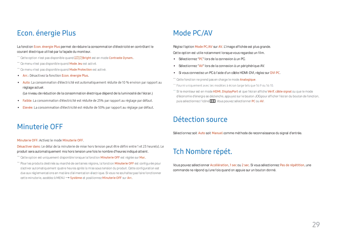 Samsung LC27H580FDUXEN manual Econ. énergie Plus, Minuterie OFF, Mode PC/AV, Détection source, Tch Nombre répét 