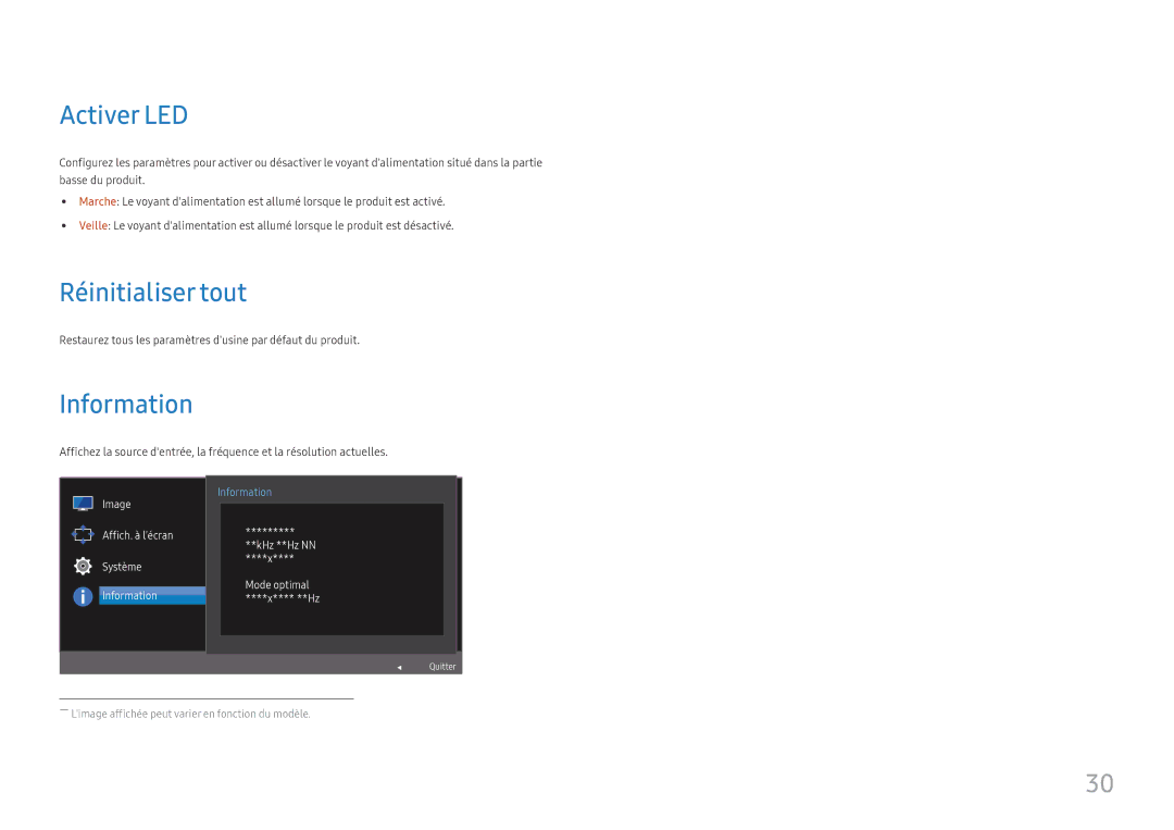Samsung LC27H580FDUXEN manual Activer LED, Réinitialiser tout, Information 