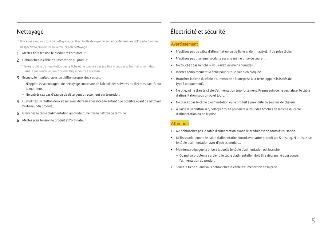 Samsung LC27H580FDUXEN manual Nettoyage, Électricité et sécurité 