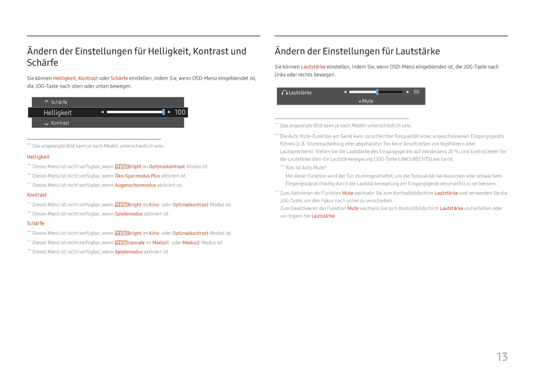 Samsung LC27H580FDUXEN manual Ändern der Einstellungen für Lautstärke, Helligkeit 100 