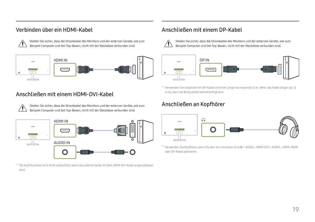 Samsung LC27H580FDUXEN manual Verbinden über ein HDMI-Kabel, Anschließen mit einem HDMI-DVI-Kabel, Anschließen an Kopfhörer 