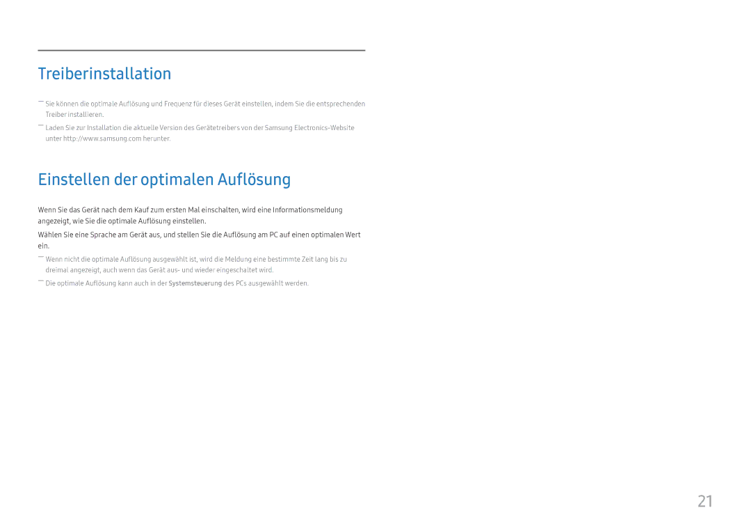 Samsung LC27H580FDUXEN manual Treiberinstallation, Einstellen der optimalen Auflösung 