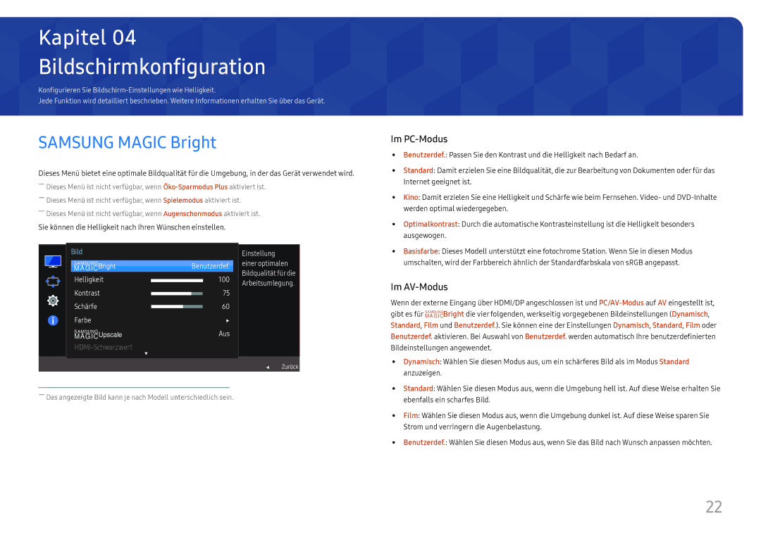 Samsung LC27H580FDUXEN manual Bildschirmkonfiguration, Samsung Magic Bright 