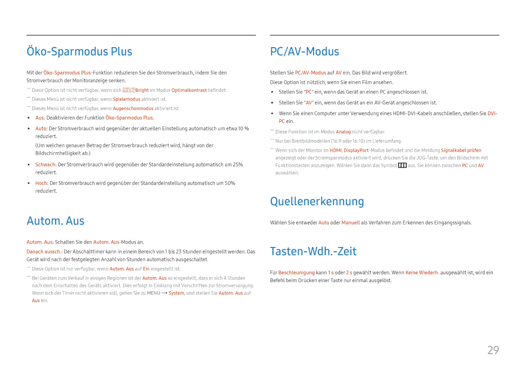 Samsung LC27H580FDUXEN manual Öko-Sparmodus Plus, Autom. Aus, PC/AV-Modus, Quellenerkennung, Tasten-Wdh.-Zeit 