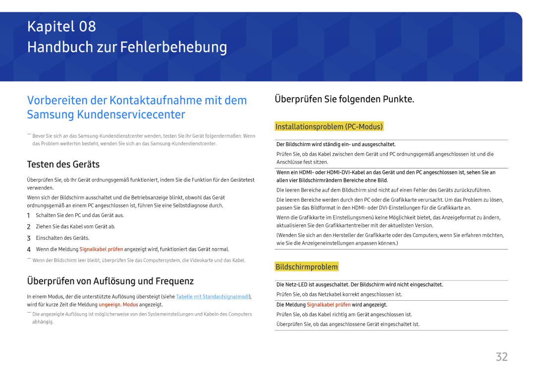 Samsung LC27H580FDUXEN manual Handbuch zur Fehlerbehebung, Testen des Geräts, Überprüfen von Auflösung und Frequenz 