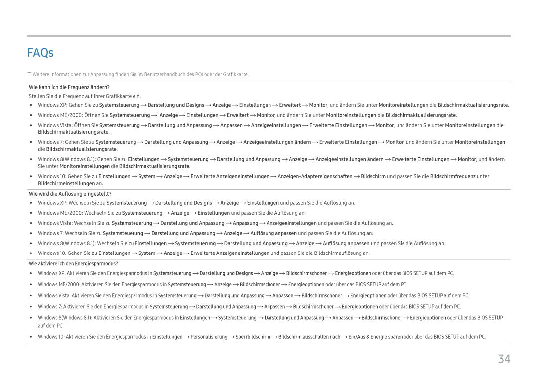 Samsung LC27H580FDUXEN manual FAQs, Wie kann ich die Frequenz ändern?, Wie aktiviere ich den Energiesparmodus? 