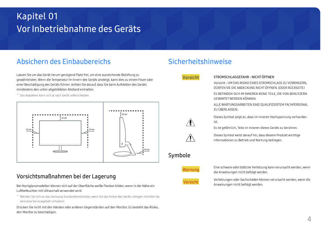 Samsung LC27H580FDUXEN manual Vor Inbetriebnahme des Geräts, Absichern des Einbaubereichs, Sicherheitshinweise, Symbole 