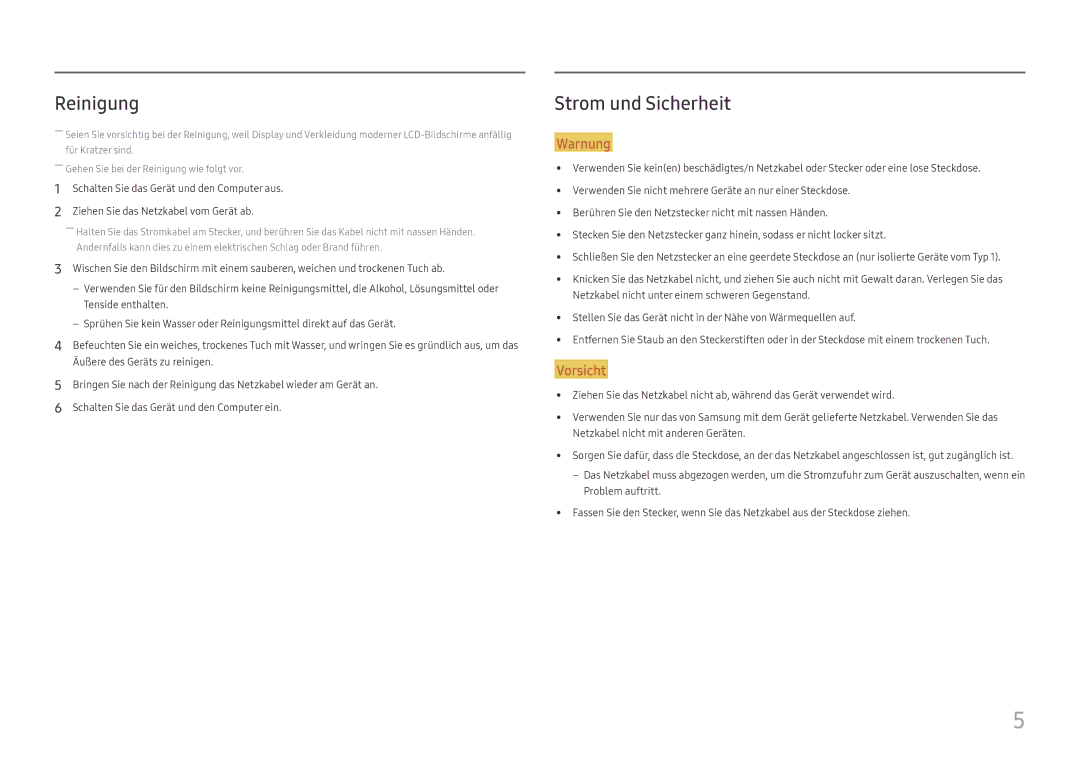 Samsung LC27H580FDUXEN manual Reinigung, Strom und Sicherheit 