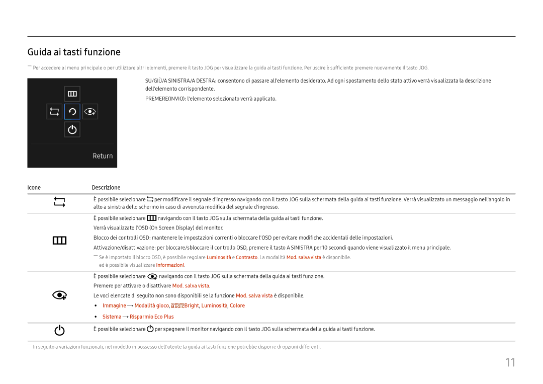 Samsung LC27H580FDUXEN manual Guida ai tasti funzione, IconeDescrizione 