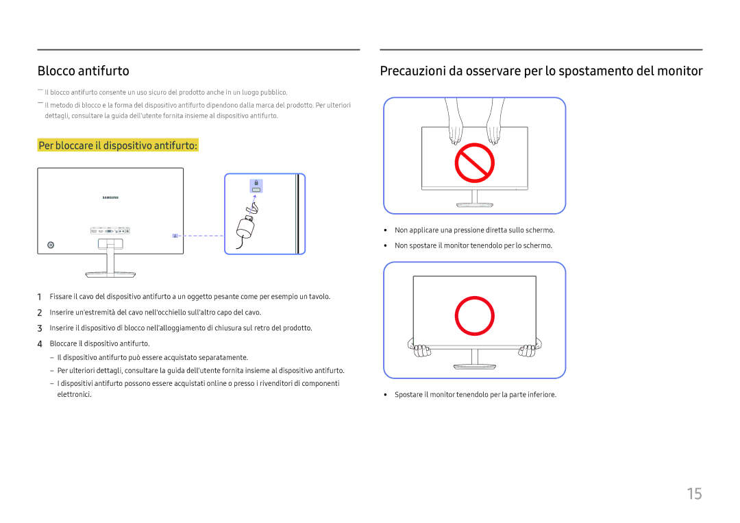 Samsung LC27H580FDUXEN manual Blocco antifurto, Precauzioni da osservare per lo spostamento del monitor 