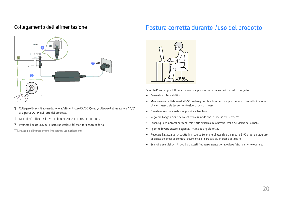 Samsung LC27H580FDUXEN manual Postura corretta durante luso del prodotto, Collegamento dellalimentazione 