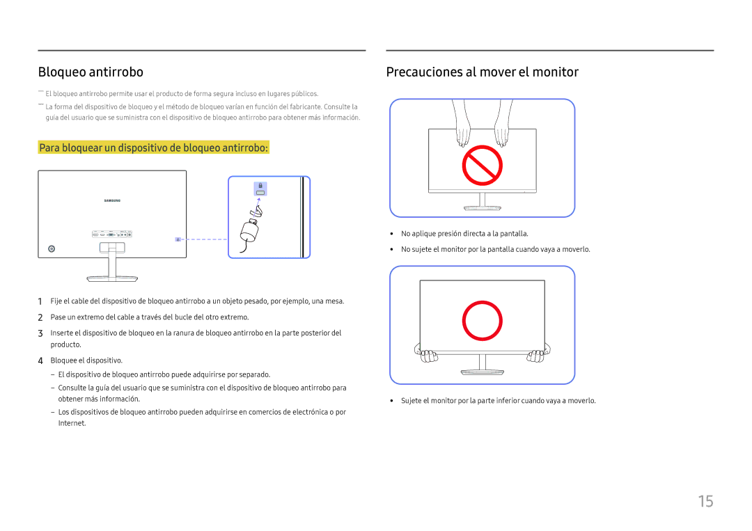 Samsung LC27H580FDUXEN manual Bloqueo antirrobo, Precauciones al mover el monitor 